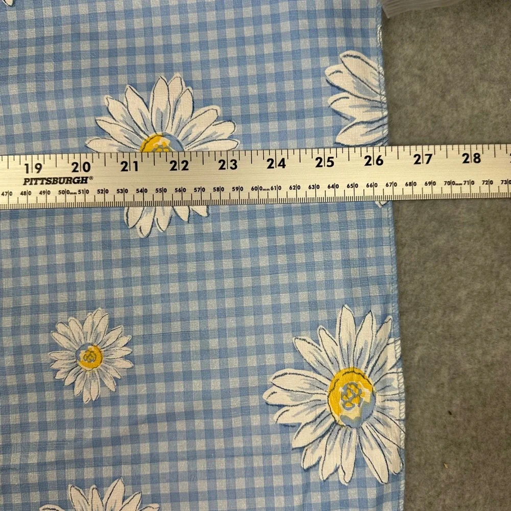 70s Vtg Blue Gingham Daisy Floral Oval Tablecloth Flannel Backed 50x68